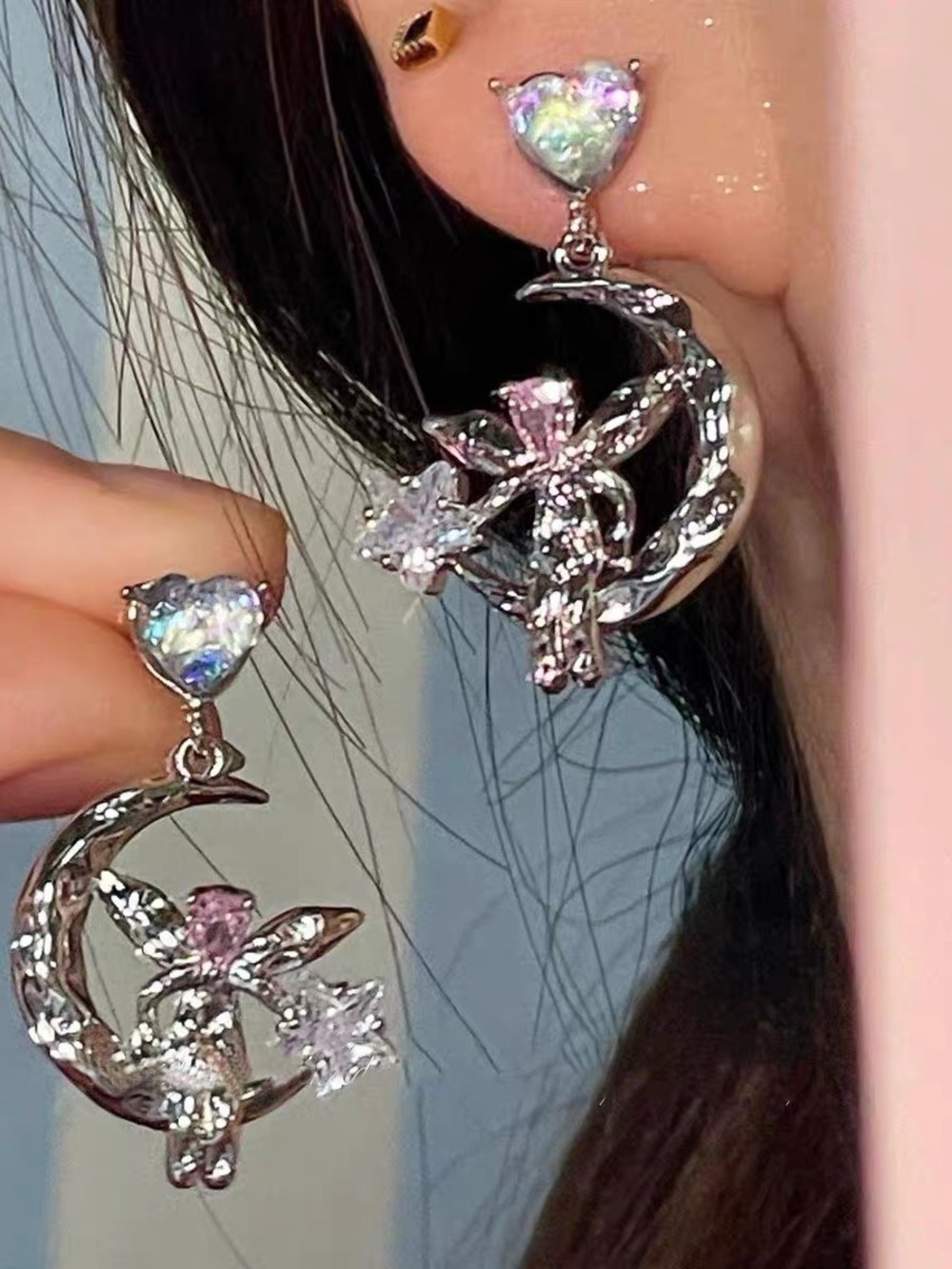 Silver Fairy Moon Drop Earrings with Pink and Iridescent Stones